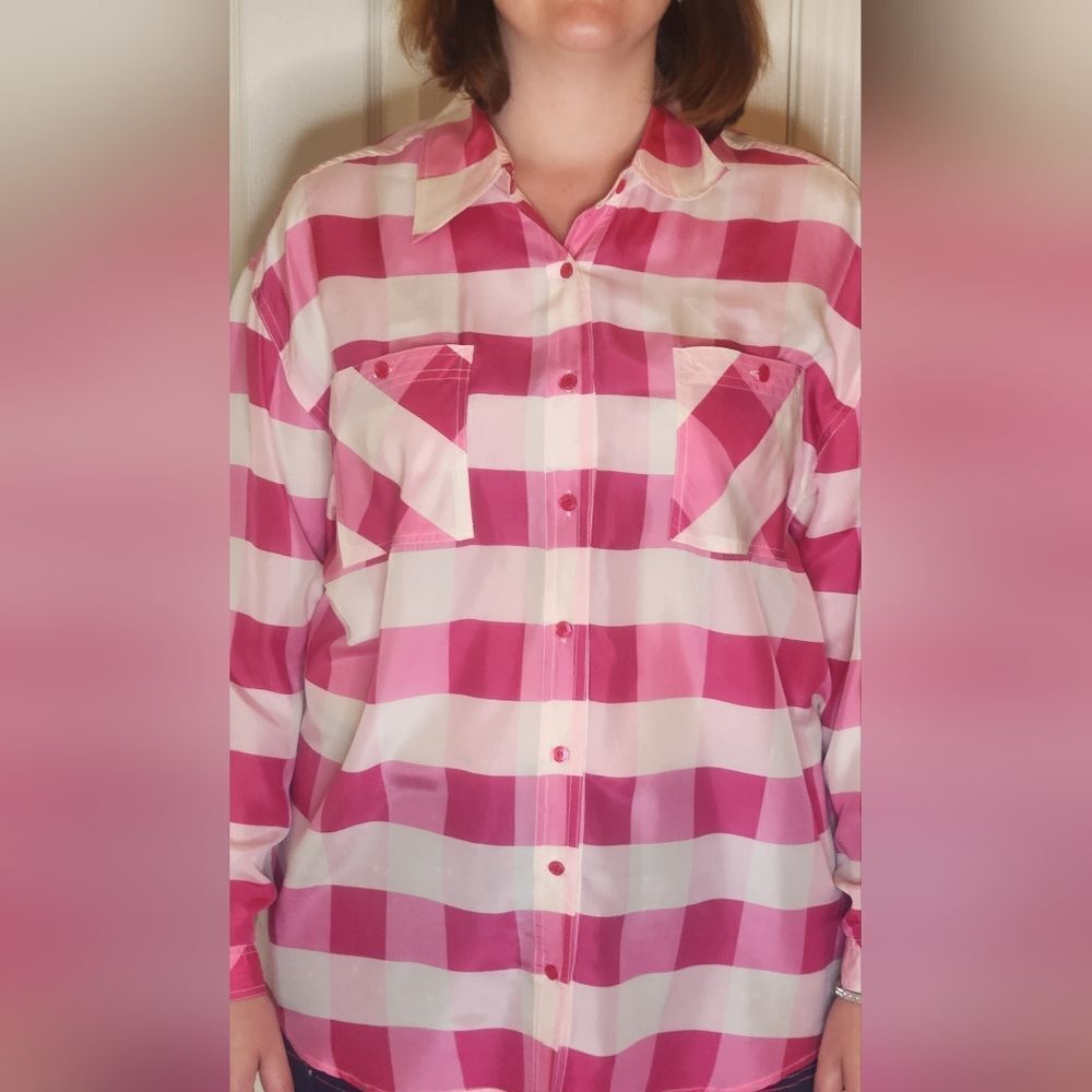 Newport New L Plaid Pink White 100% SILK Pockets Lngslv Buttons Up Women’s Shirt